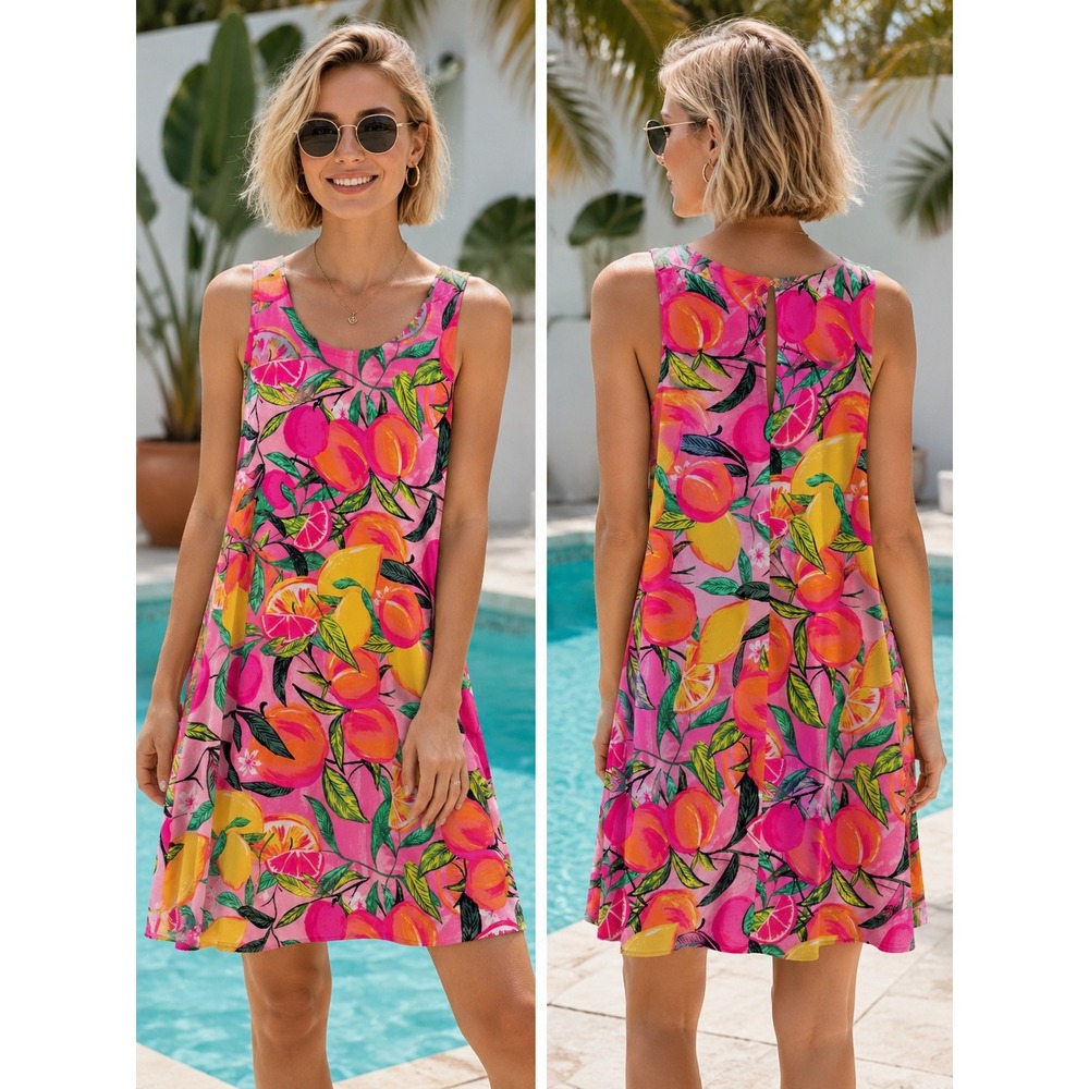 Pappagallo Pink Citrus Fruit Print Sleeveless Shift Dress G35M73PA599 Womens S